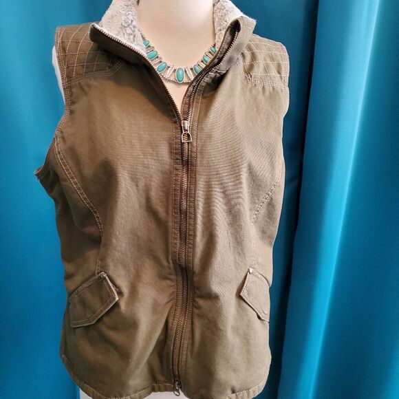 Canvas Army Green Vest with Faux fur neck lining. XL - Picture 1 of 10